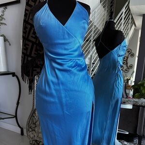 See.O.Ya  Marina blue satin dress with slit side